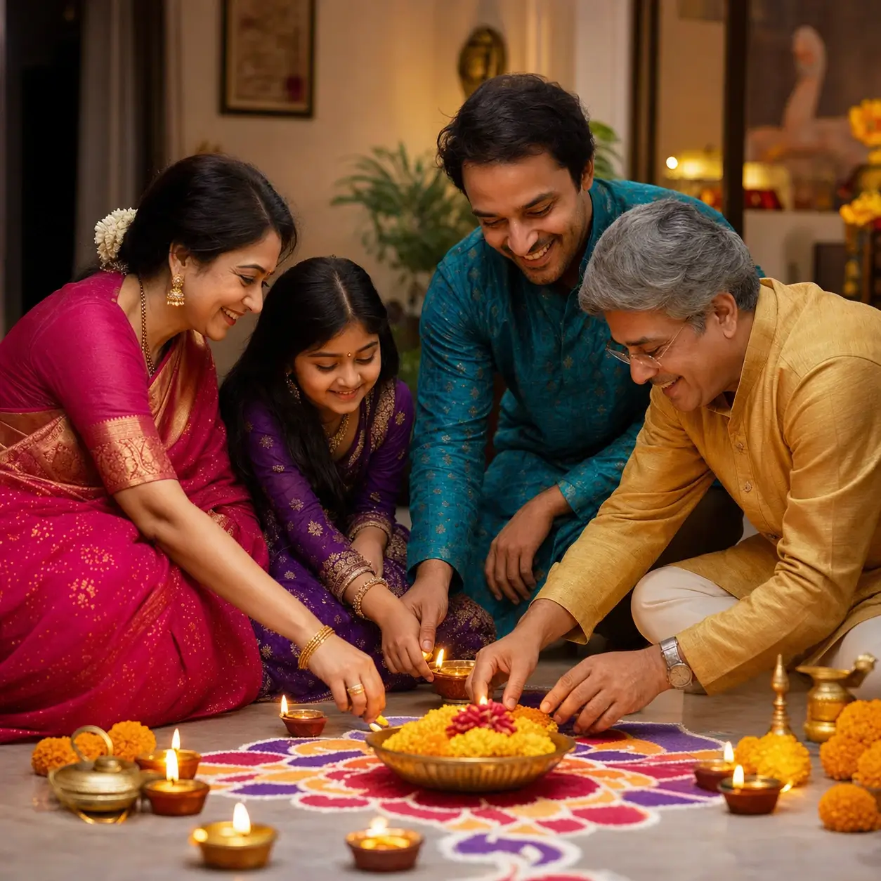 South Asian family celebrating Diwali together