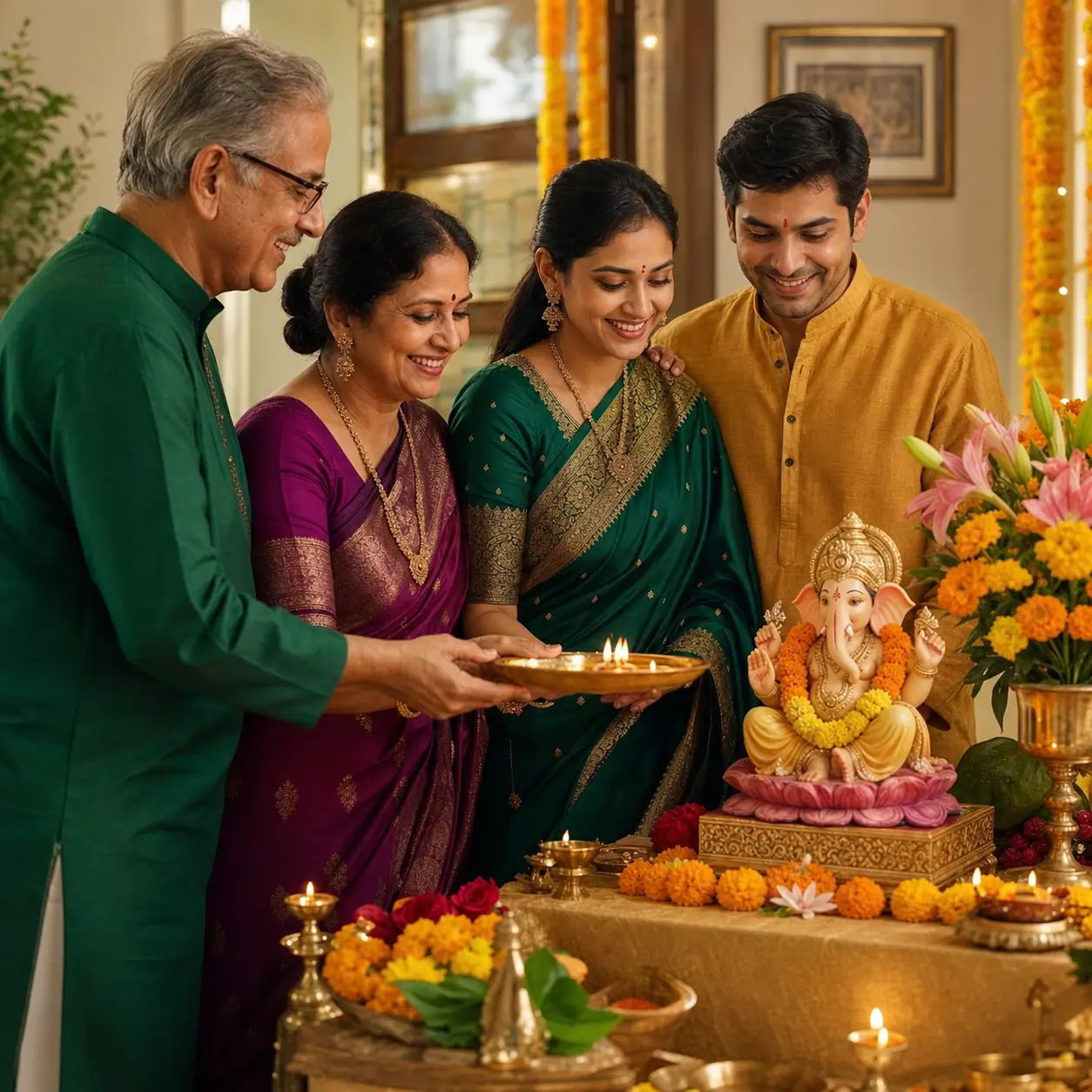 South Asian family celebrating Ganesh Chaturthi together